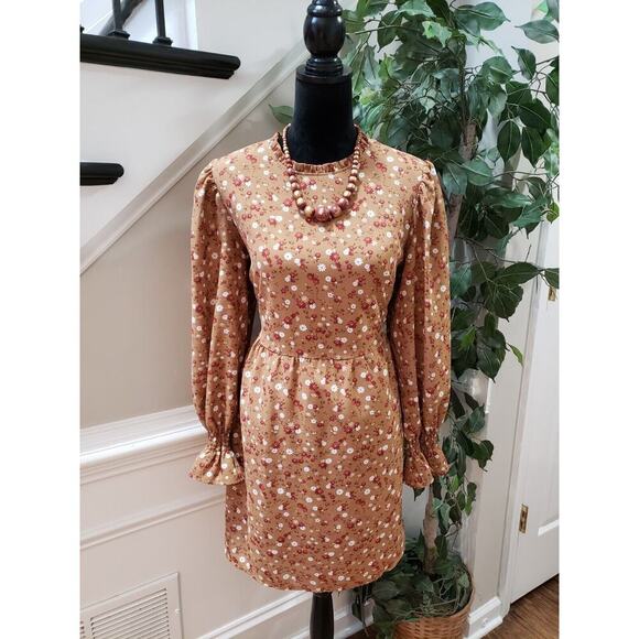 Est 1946 Women's Brown Lined Floral Long Sleeve Crew Neck Shift Dress Size Large - Picture 1 of 13